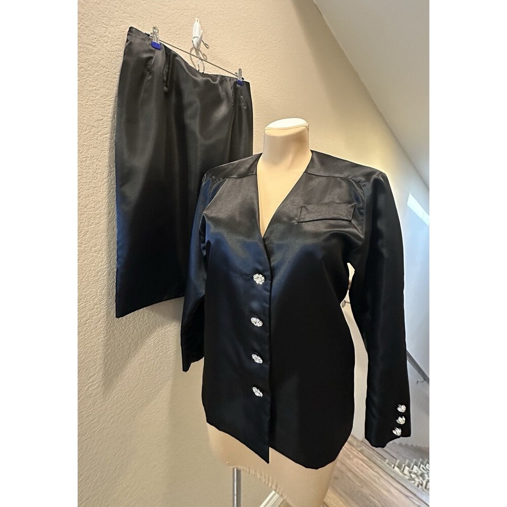 Black Satin Cocktail Suit Custom Made Women's Beautiful Buttons